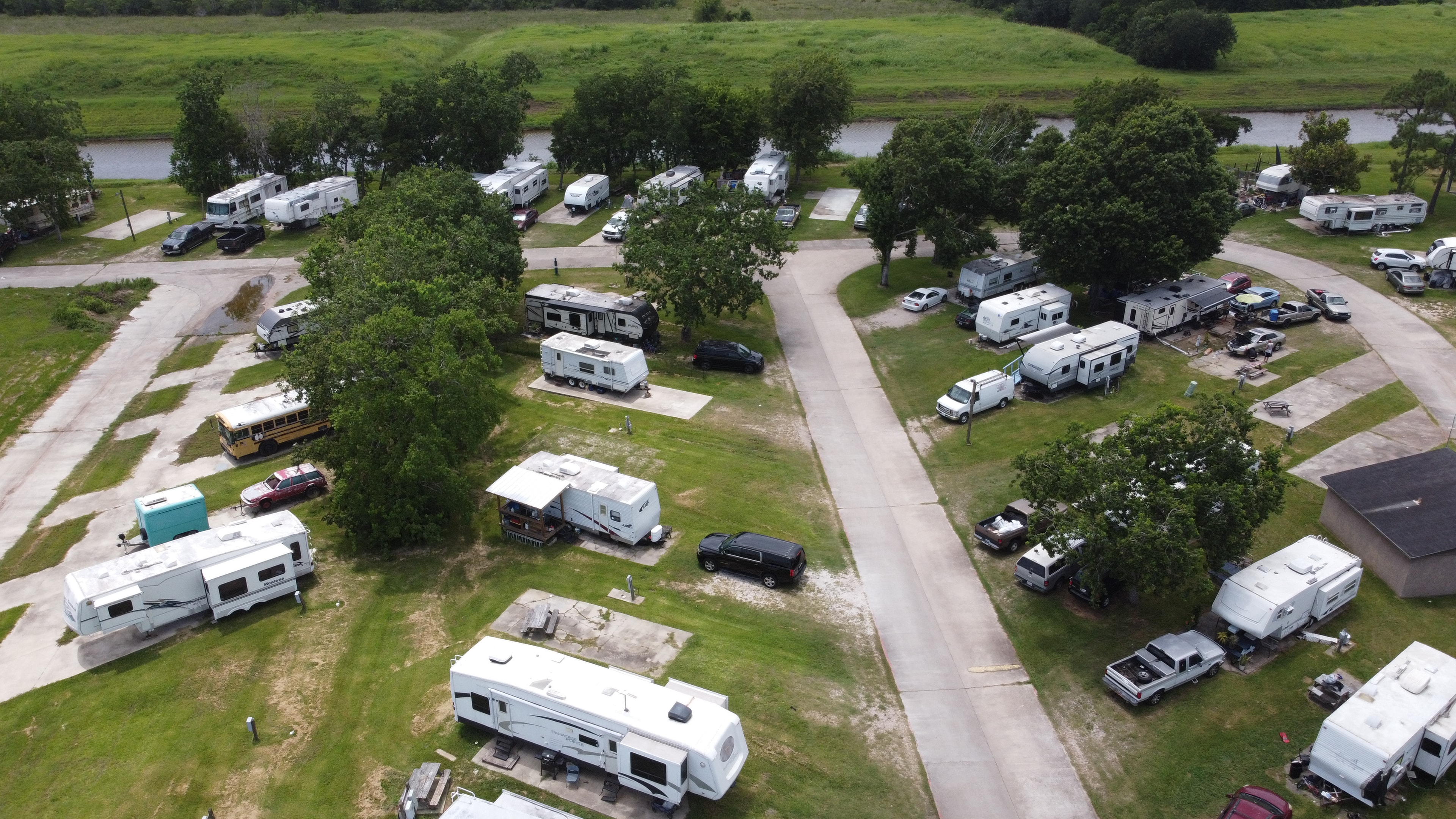 Lazy D RV Park – aerial overview of sites and pond